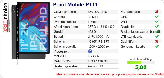Point Mobile PT11 Technische gegevens Point Mobile PT11 Technische gegevens