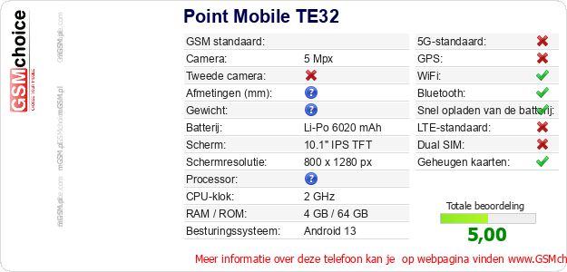 Point Mobile TE32 Technische gegevens Point Mobile TE32 Technische gegevens
