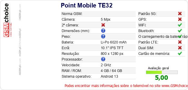 Point Mobile TE32 Especificações técnicas do telemóvel Point Mobile TE32 Especificações técnicas do telemóvel