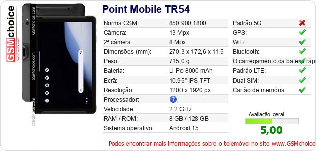 Point Mobile TR54 Especificações técnicas do telemóvel Point Mobile TR54 Especificações técnicas do telemóvel