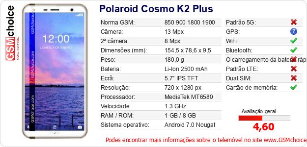 Polaroid Cosmo K2 Plus Especificações técnicas do telemóvel Polaroid Cosmo K2 Plus Especificações técnicas do telemóvel