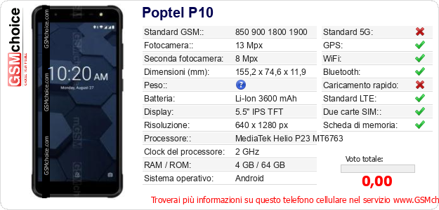 Poptel P10 Dati tecnici di telefono cellulare Poptel P10 Dati tecnici di telefono cellulare