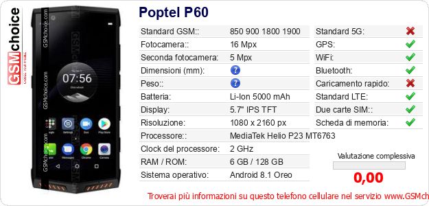 Poptel P60 Dati tecnici di telefono cellulare Poptel P60 Dati tecnici di telefono cellulare