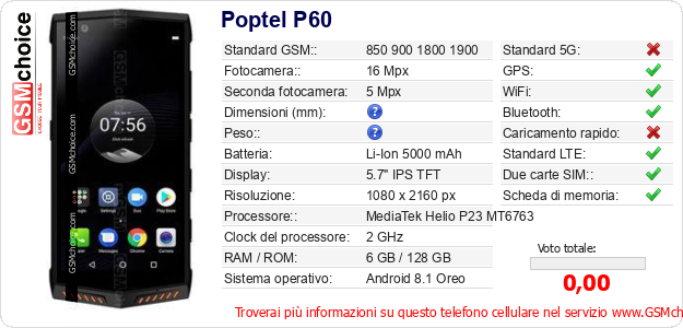 Poptel P60 Dati tecnici di telefono cellulare Poptel P60 Dati tecnici di telefono cellulare