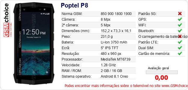 Poptel P8 Especificações técnicas do telemóvel Poptel P8 Especificações técnicas do telemóvel