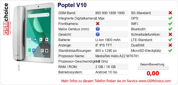 Poptel V10 technische Daten Poptel V10 technische Daten