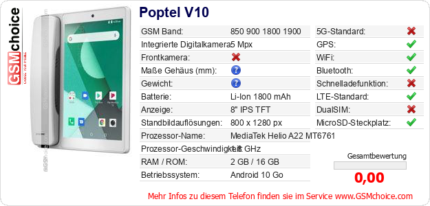 Poptel V10 technische Daten Poptel V10 technische Daten