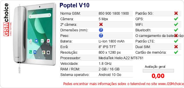 Poptel V10 Especificações técnicas do telemóvel Poptel V10 Especificações técnicas do telemóvel