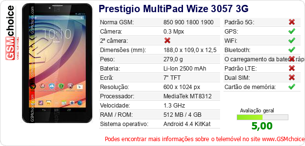 Prestigio MultiPad Wize 3057 3G Especificações técnicas do telemóvel 