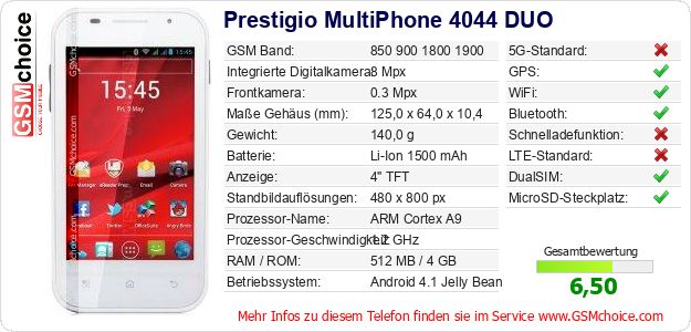 Prestigio MultiPhone 4044 DUO technische Daten Prestigio MultiPhone 4044 DUO technische Daten