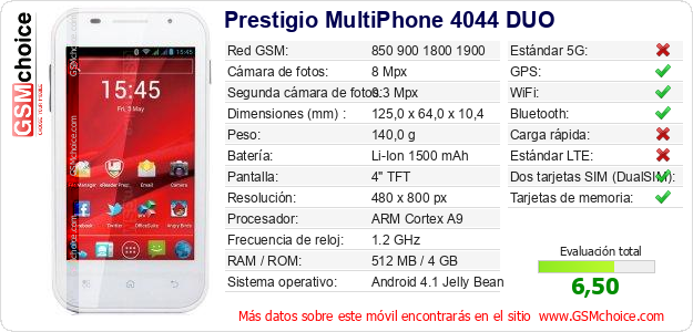 Prestigio MultiPhone 4044 DUO Datos técnicos del móvil 