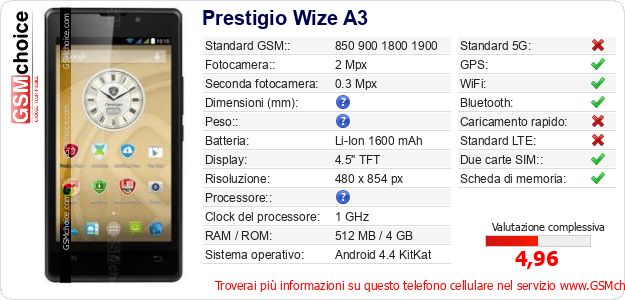 Prestigio Wize A3 Dati tecnici di telefono cellulare 