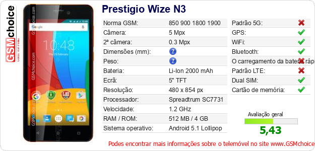 Prestigio Wize N3 Especificações técnicas do telemóvel 