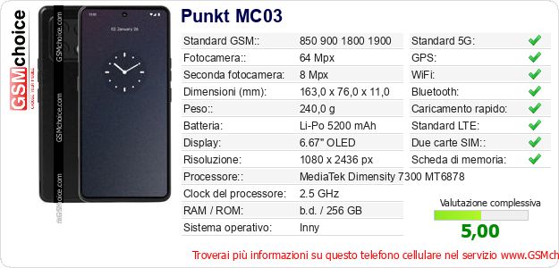 Punkt MC03 Dati tecnici di telefono cellulare 