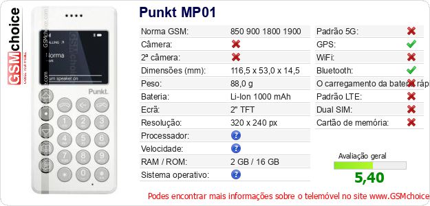 Punkt MP01 Especificações técnicas do telemóvel 