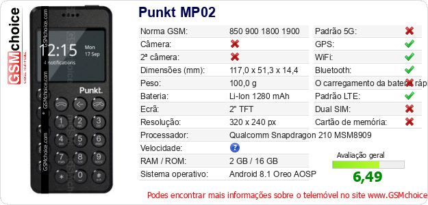 Punkt MP02 Especificações técnicas do telemóvel Punkt MP02 Especificações técnicas do telemóvel