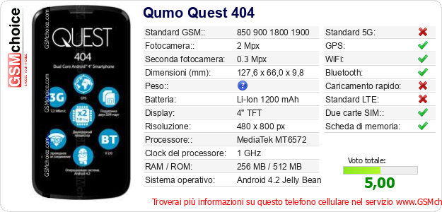 Qumo Quest 404 Dati tecnici di telefono cellulare 