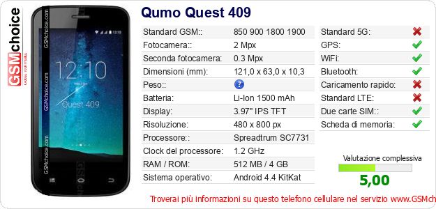 Qumo Quest 409 Dati tecnici di telefono cellulare Qumo Quest 409 Dati tecnici di telefono cellulare