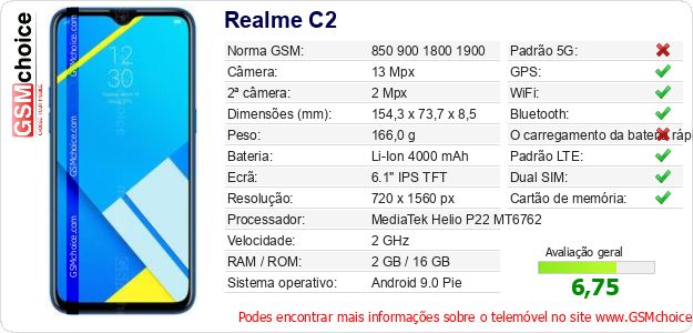 Realme C2 Especificações técnicas do telemóvel Realme C2 Especificações técnicas do telemóvel