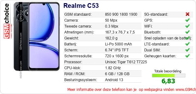 Realme C53 Technische gegevens Realme C53 Technische gegevens