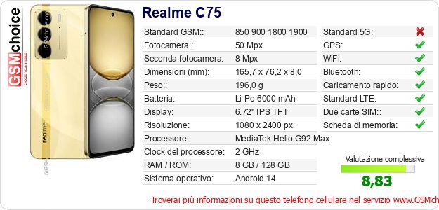 Realme C75 Dati tecnici di telefono cellulare Realme C75 Dati tecnici di telefono cellulare