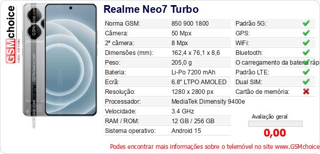 Realme Neo7 Turbo Especificações técnicas do telemóvel Realme Neo7 Turbo Especificações técnicas do telemóvel