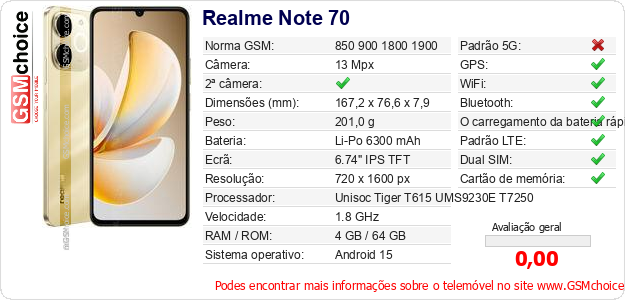 Realme Note 70 Especificações técnicas do telemóvel Realme Note 70 Especificações técnicas do telemóvel