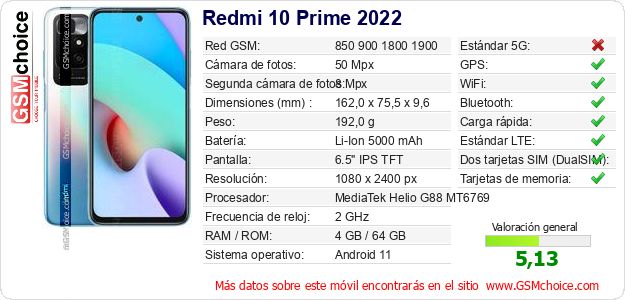 Redmi 10 Prime 2022 Datos técnicos del móvil Redmi 10 Prime 2022 Datos técnicos del móvil