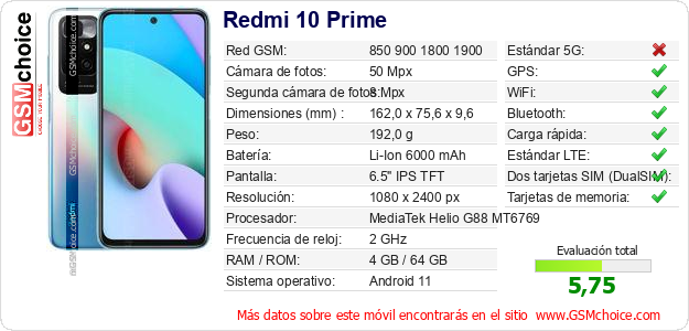 Redmi 10 Prime Datos técnicos del móvil Redmi 10 Prime Datos técnicos del móvil