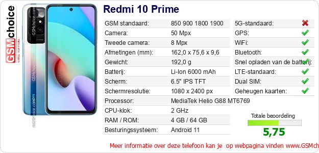 Redmi 10 Prime Technische gegevens Redmi 10 Prime Technische gegevens