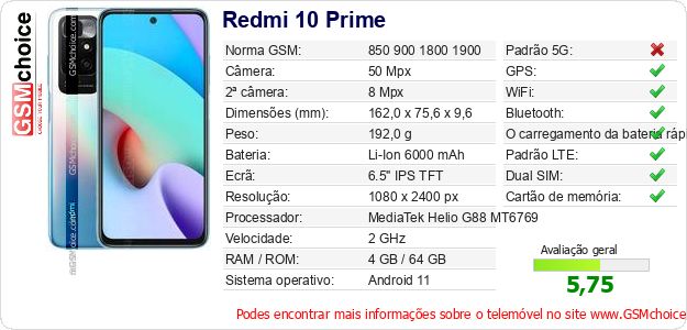 Redmi 10 Prime Especificações técnicas do telemóvel Redmi 10 Prime Especificações técnicas do telemóvel