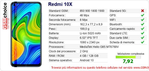 Redmi 10X Dati tecnici di telefono cellulare Redmi 10X Dati tecnici di telefono cellulare