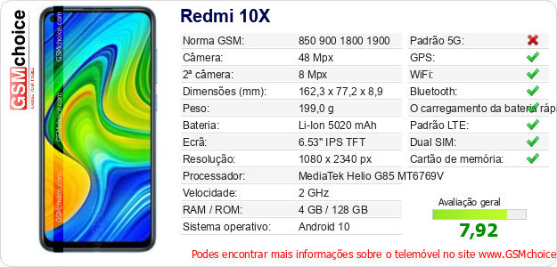 Redmi 10X Especificações técnicas do telemóvel Redmi 10X Especificações técnicas do telemóvel