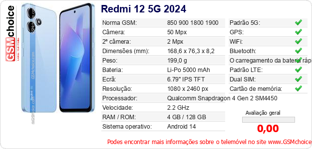 Redmi 12 5G 2024 Especificações técnicas do telemóvel Redmi 12 5G 2024 Especificações técnicas do telemóvel