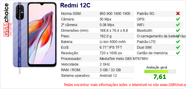 Redmi 12C Especificações técnicas do telemóvel Redmi 12C Especificações técnicas do telemóvel