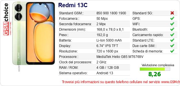 Redmi 13C Dati tecnici di telefono cellulare 