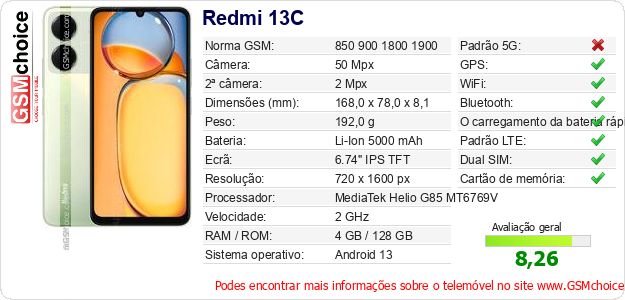 Redmi 13C Especificações técnicas do telemóvel Redmi 13C Especificações técnicas do telemóvel