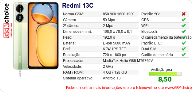 Redmi 13C Especificações técnicas do telemóvel 