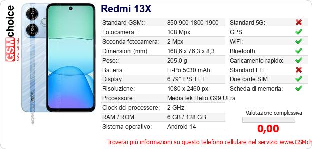 Redmi 13X Dati tecnici di telefono cellulare 