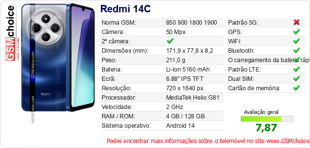 Redmi 14C Especificações técnicas do telemóvel 