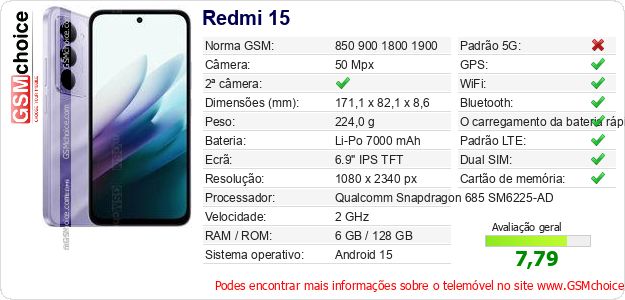 Redmi 15 Especificações técnicas do telemóvel Redmi 15 Especificações técnicas do telemóvel
