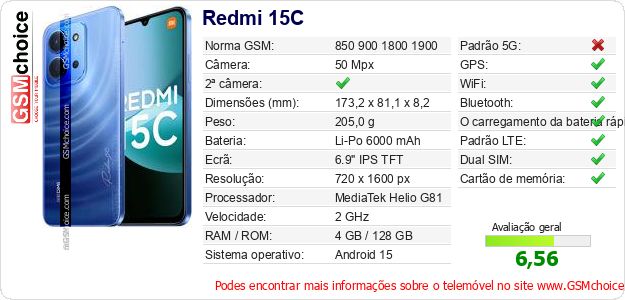 Redmi 15C Especificações técnicas do telemóvel Redmi 15C Especificações técnicas do telemóvel