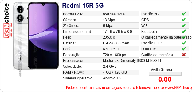 Redmi 15R 5G Especificações técnicas do telemóvel Redmi 15R 5G Especificações técnicas do telemóvel