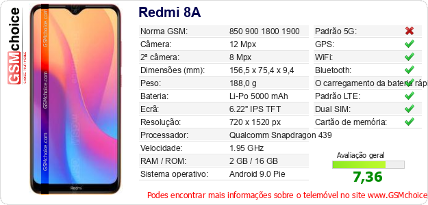 Redmi 8A Especificações técnicas do telemóvel Redmi 8A Especificações técnicas do telemóvel