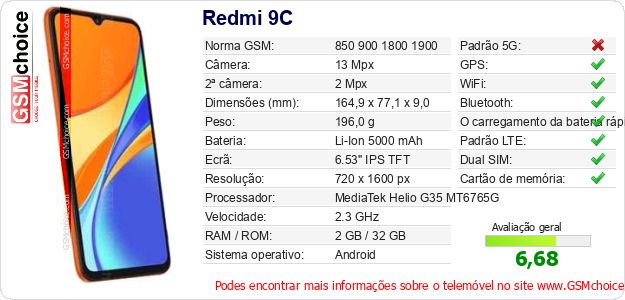 Redmi 9C Especificações técnicas do telemóvel Redmi 9C Especificações técnicas do telemóvel