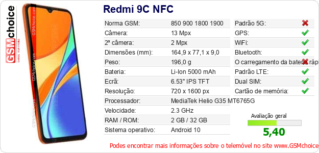 Redmi 9C NFC Especificações técnicas do telemóvel Redmi 9C NFC Especificações técnicas do telemóvel