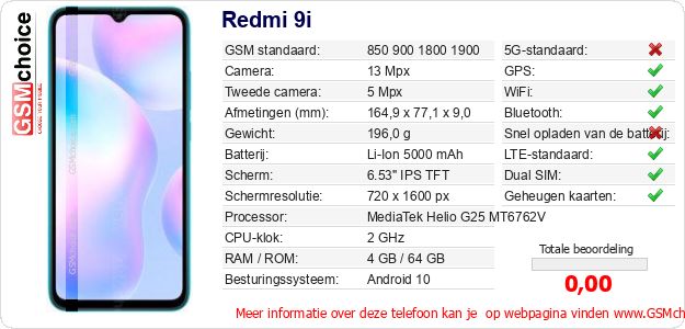 Redmi 9i Technische gegevens Redmi 9i Technische gegevens