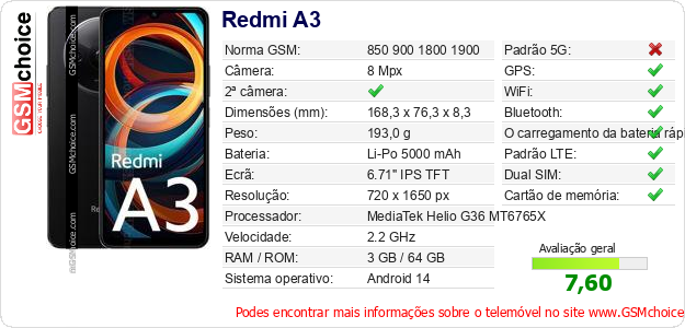 Redmi A3 Especificações técnicas do telemóvel Redmi A3 Especificações técnicas do telemóvel