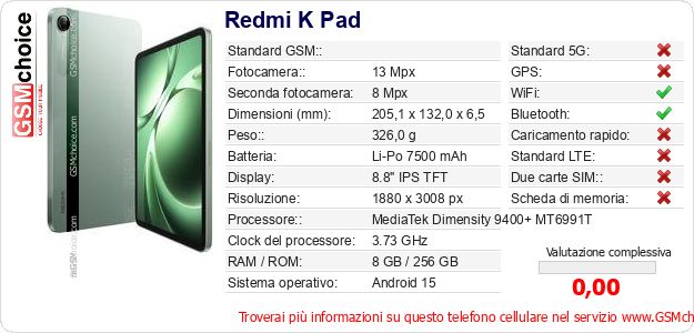 Redmi K Pad Dati tecnici di telefono cellulare Redmi K Pad Dati tecnici di telefono cellulare