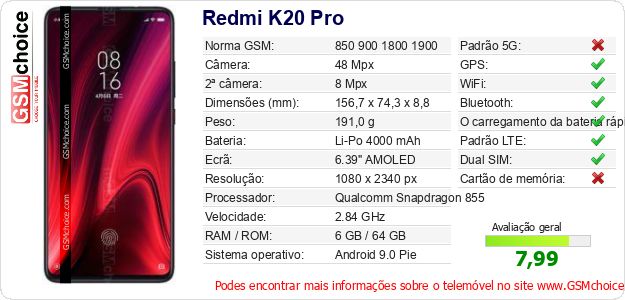 Redmi K20 Pro Especificações técnicas do telemóvel Redmi K20 Pro Especificações técnicas do telemóvel